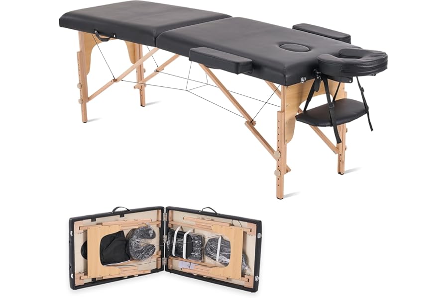 YOUNIKE Portable Foldable Massage Table – Adjustable Height Lightweight Wooden Frame Spa Bed for Tattoo, Facial, Lash, Physical Therapy, Home & Salon Use with Accessories & Non-Woven Bag, Black