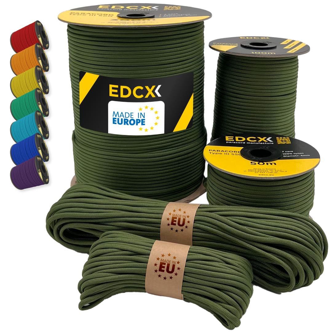 EdcX Paracord 4mm, 35+ Solid Colors (10m, 15m, 30m, 50m, 100m, 300m) | Ideal for Crafting, DIY, Camping, Survival, Outdoor | 100% Nylon Rope 4mm | Tactical Cord 550 Type III (Moss, 30 m) — image 1
