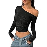 Milumia Women's Glitter One Shoulder Knitted Crop Tops Sexy Long Sleeve Going Out Tee Shirt