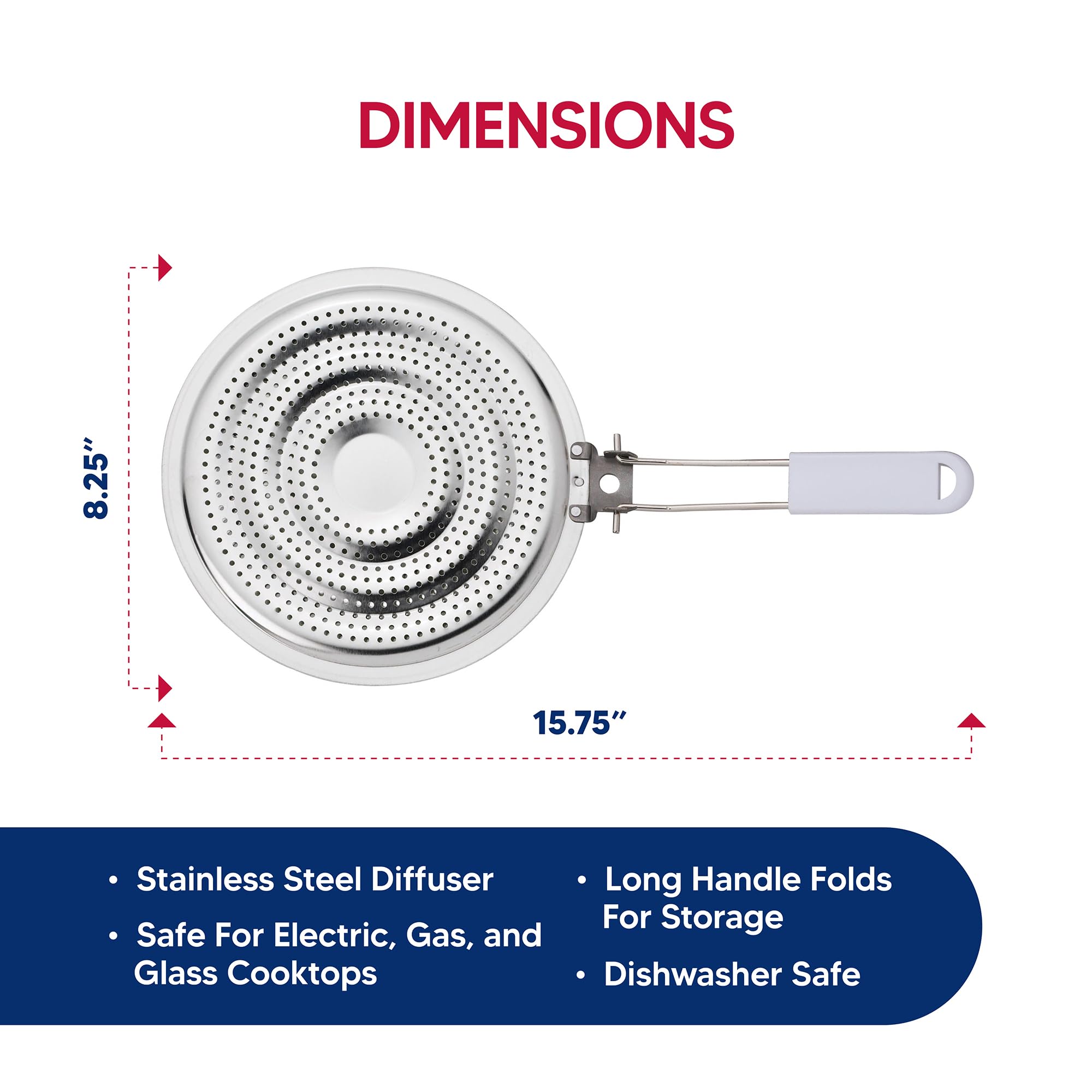 HIC Kitchen Heat Diffuser Reducer Flame Guard With Removable Handle, Stainless Steel, Distributes Heat Evenly And Reduces Scorching, For Gas Electric Glass Stovetops, 8.25-Inch