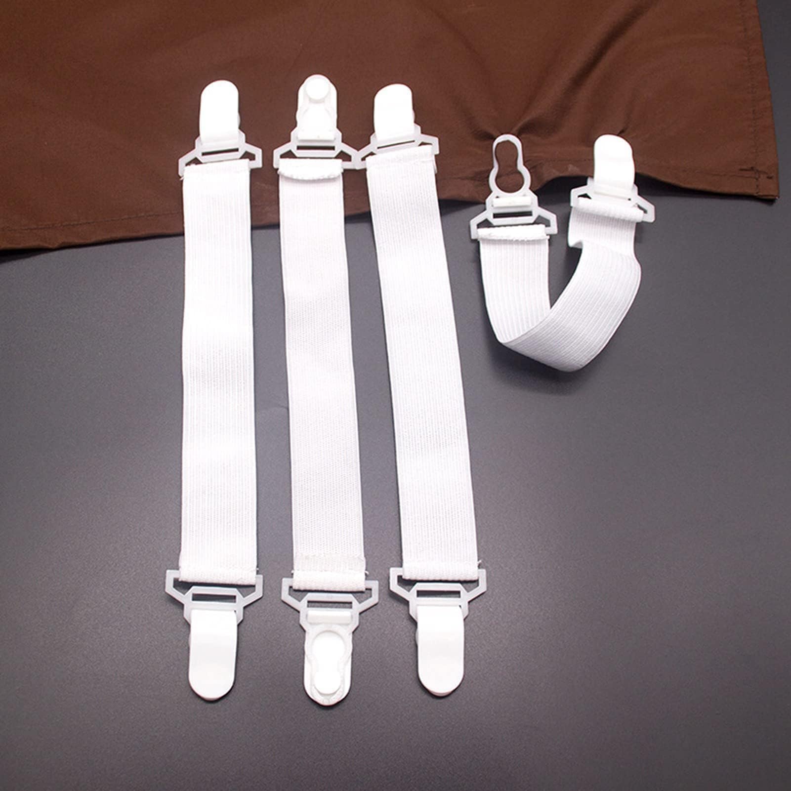 Beufee 4 PCS Bed Sheet Clips, Adjustable Bed Sheet Straps Reusable Plastic Fitted Sheet Holder Straps Suspenders Grippers 25-40cm / 9.8-15.7in(White)