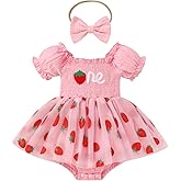IDOPIP Baby Girls Strawberry 1st Birthday Outfit Berry Romper Smocked Ruffle Tutu Dress Headband Infant Girl One Year Old Birthday Dress Clothes for Cake Smash Photo Shoot Pink Strawberry 9-12 Months