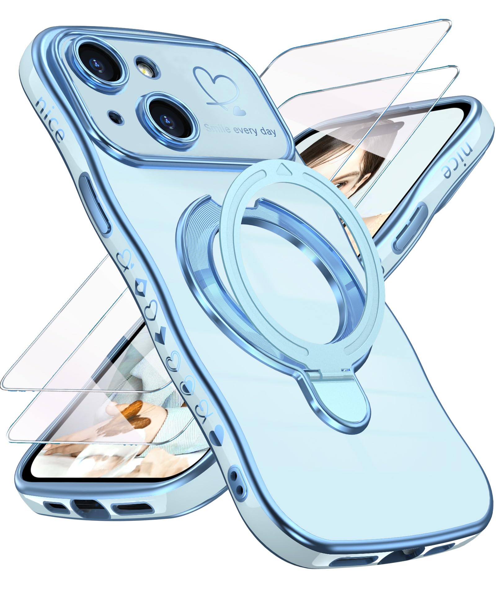 Liufcx for iPhone 13 Case with Screen Protector: Luxury Plated Gold Cute Wavy Edge Love Heart Pattern Kickstand Case, Slim Soft TPU Full Camera Shockproof Protection Cover for iPhone 13 (Blue)