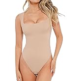 Popilush Bodysuits for Women - Nude Sleeveless Square Neck Thong Bodysuit Tummy Control Going Out Double Lined Corset Tops
