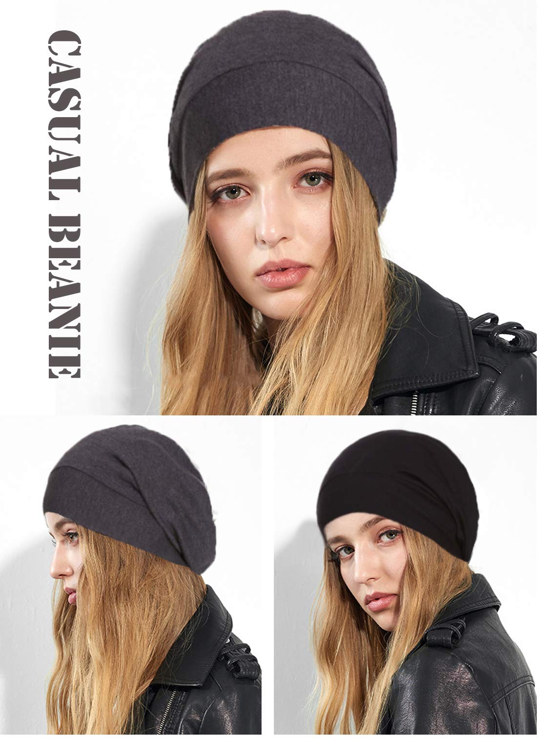 ELLEWIN Satin Lined Sleep Cap Frizzy Hair Slap Bonnet Baggy Slouchy Night Beanie Hat (A-Grey)