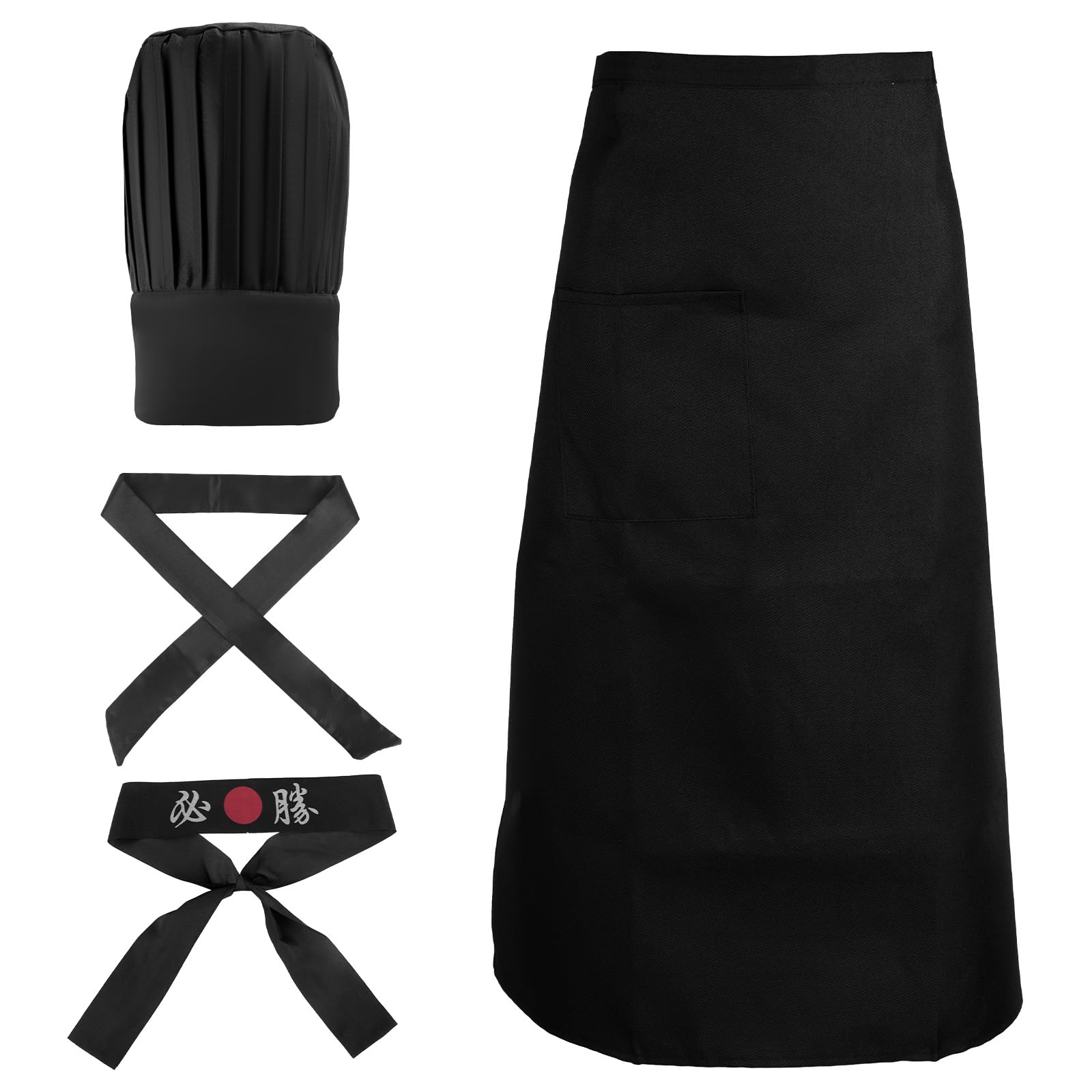 Mikovivi Hibachi Chef Costume Set, Teppanyaki Chef Tall Hat Apron with Adjustable Japanese Headband and Tie Hibachi Costume Accessories for Women Men (Black) — image 1