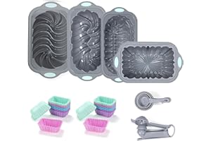 Tongjude 45 Pieces Silicone Baking Pans Set, 4 Cups Silicone Loaf Pan for Baking Bread, Fluted Cupcake, Non-Stick Kitchen Oven Baking Pans, with Measuring Cups and Spoons Set, Grey