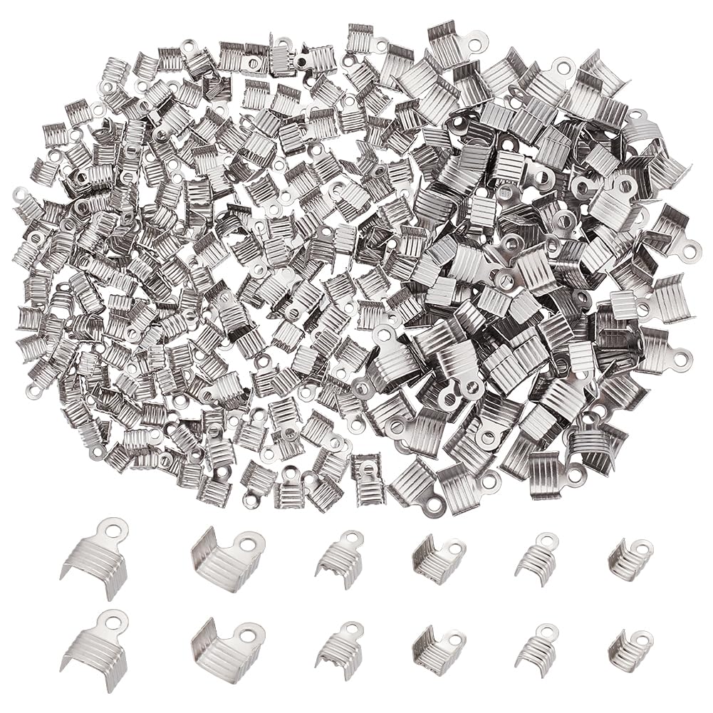 UNICRAFTALE 300Pcs 3 Size Stainless Steel Folding Crimp Ends Fold Over Crimp Cord End Caps Cord Pinch Crimp Ends Metal Ends Tips Jewelry Connector for Leather Bracelet Jewelry Making