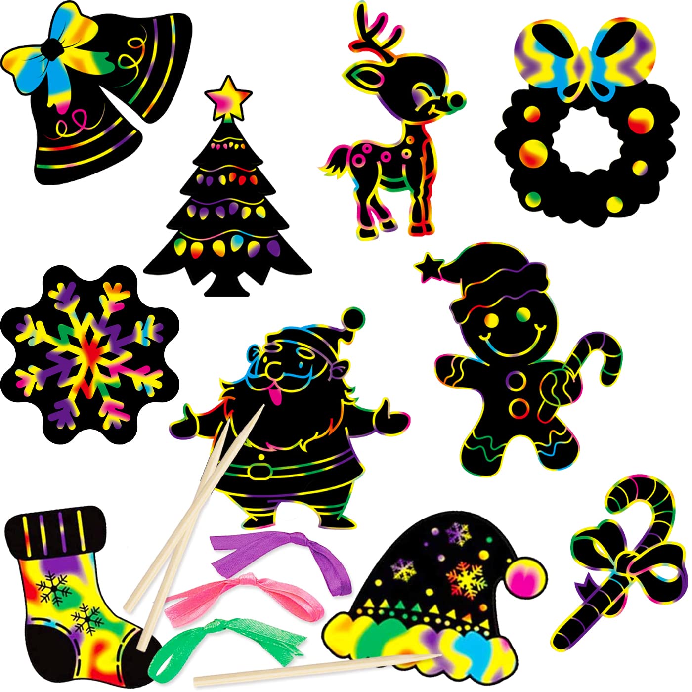 VEYLIN 48 Pieces Christmas Scratch Art Hanging Decorations, Christmas Scratch Papers with 48 Pieces Ribbons for Kids Party Bag Fillers