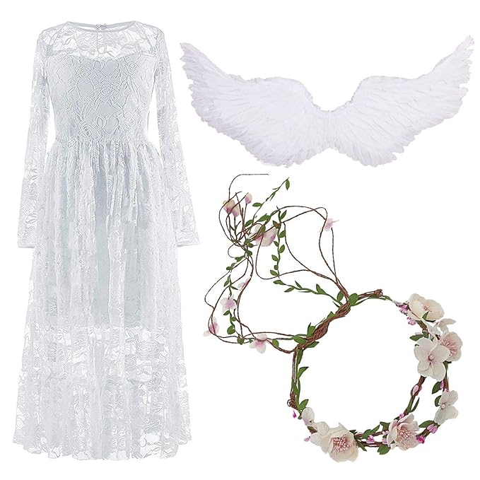 Girls Boho Lace Dress For Wedding Flower Girlwflower Garland Headband Feather Angel Wings