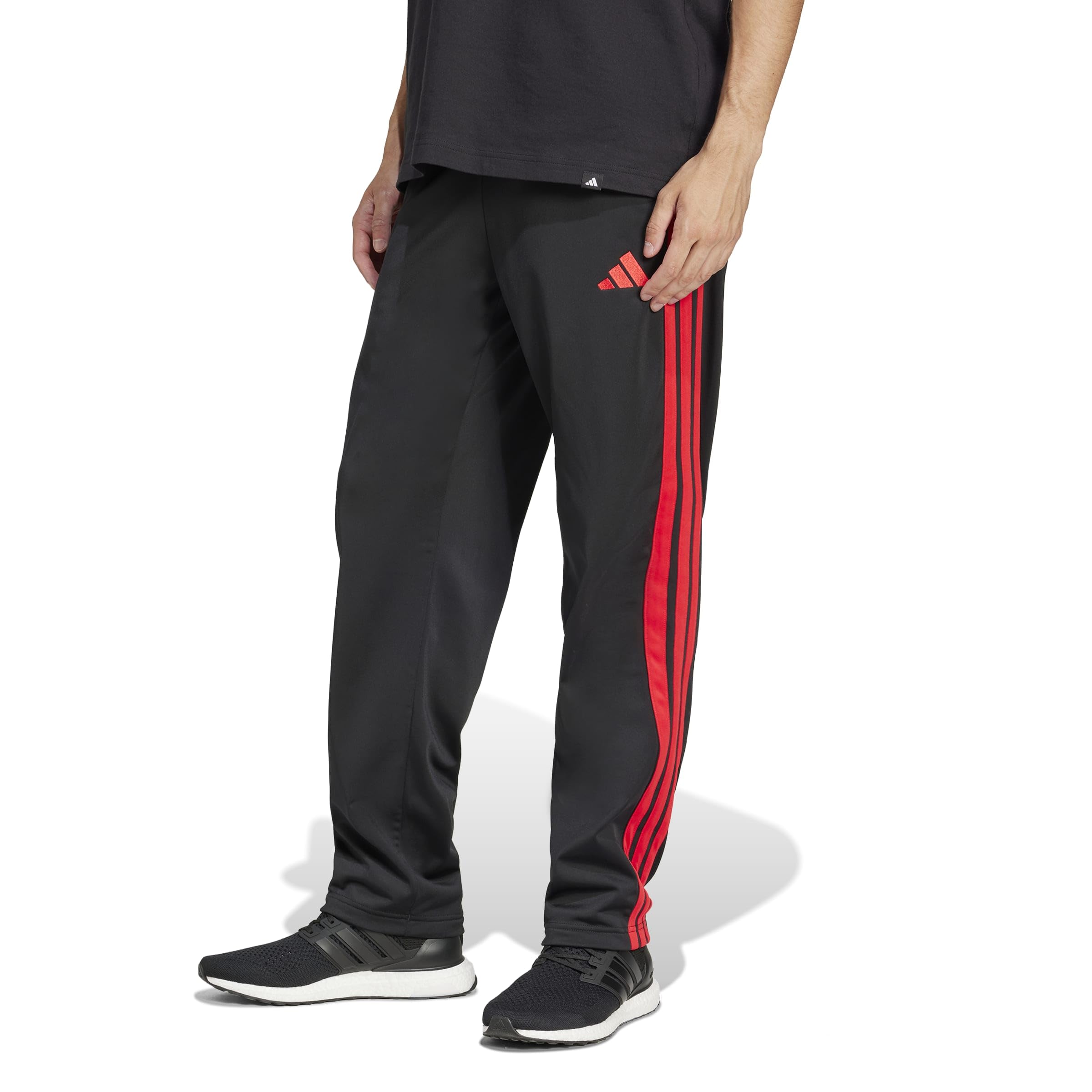 Adidas Mens 3-Stripes Tricot Regular Fit Open Hem Sportswear Track Pants, Black/Pure Ruby, Large Image