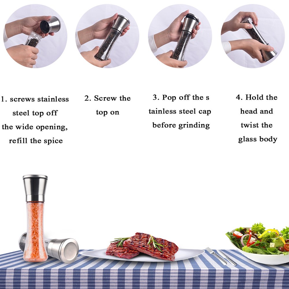 SHiZAK Set of 2 Salt and Pepper Grinder, Spice Grinder with Adjustable Coarseness Ceramic Rotor, Stainless Steel Pepper Shakers with 1 pcs Cleaning Brush