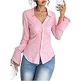 GORGLITTER Women's Plus Size Striped Button Up Shirt Bell Sleeve V Neck Collared Blouse Tops