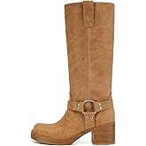 XBKXMK Women's Knee High Riding Boots Round Toe Block Heel Fashion Motorcycle Booties Side Zipper Wide Calf Biker Riding Boots with Studs Camel