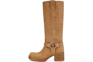 XBKXMK Women's Knee High Riding Boots Round Toe Block Heel Fashion Motorcycle Booties Side Zipper Wide Calf Biker Riding Boots with Studs