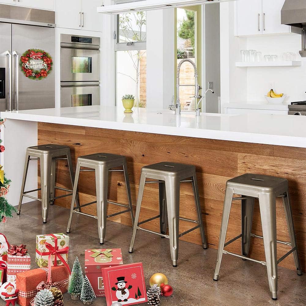 YAHEETECH 24inch Metal Bar Stools Counter Height Barstools Set of 4 High Backless Industrial Stackable Metal Chairs Indoor/Outdoor, Gun Metal: Furniture & Decor