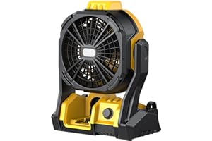 DeForce Battery Operated Fan, for DeWalt 20V Max Battery, Camping Fan Cordless, Option for Corded, with LED Lights, Variable Speed, Hook for Hanging, for Jobsite, Black(Battery Not Included)