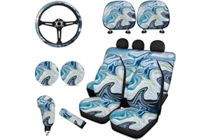 Horeset Quicksand Marble Print Car Seat Covers Full Set Universal Car Accessories,Seat Cover Steering Wheel Cover,Seat Headrest Cover,Car Coaster Cup Holder,Handbrake Cover for Women Men