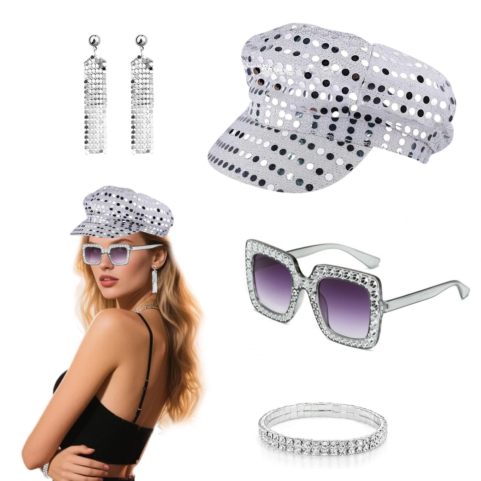 SNBUHA 4 Pcs 70s Abba Accessories, Disco Accessories With Sequin Glitter Hat, Sunglasses, Argent Earrings And Silver White Diamond Bracelet, Disco Hat Set For Women'S Theme Party, Dance & Birthday