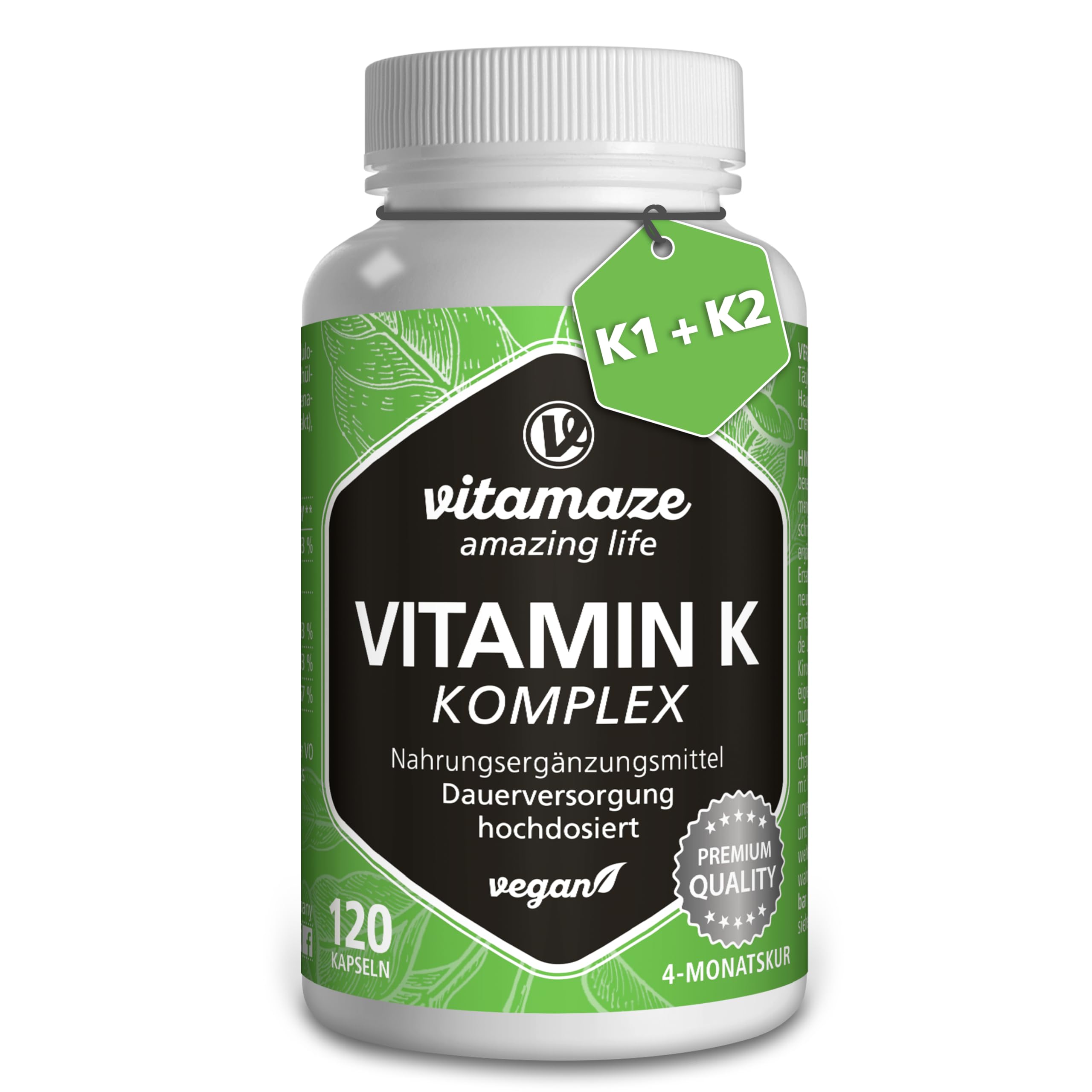 Vitamin K2 + K1 Complex - High Strength (K1 1.000 mcg MK4 + K2 200 mcg MK7 Menaquinone) - 120 Vegan Capsules for 4 Months - Best Bioavailability Supplement - Without Additives- Vitamaze