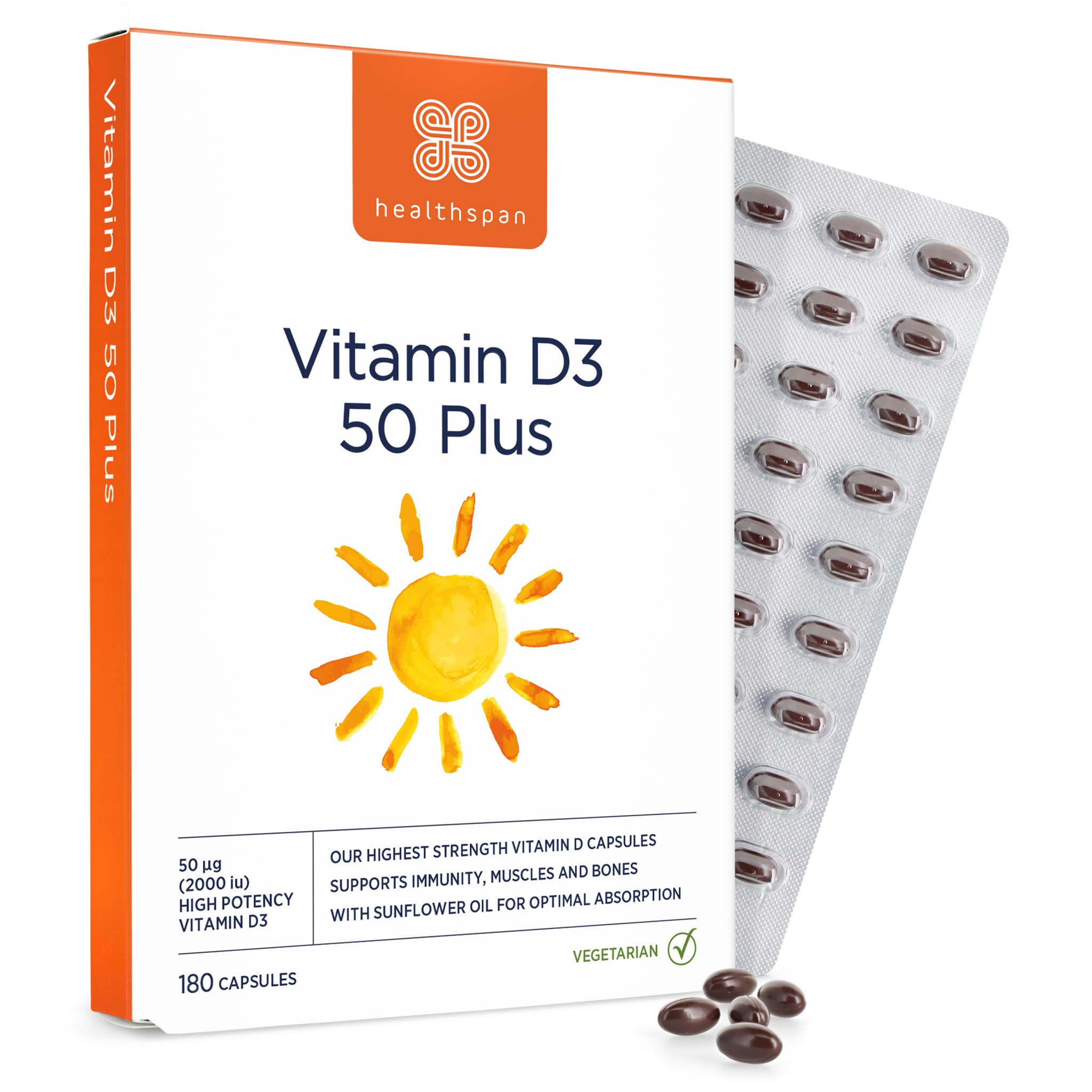 Healthspan Vitamin D3 50 Plus 2000iu (180 Capsules) | Ideal for Anyone Over 50 | Super Strength | Immune Health | Bone, Teeth & Muscle Health | Vegetarian