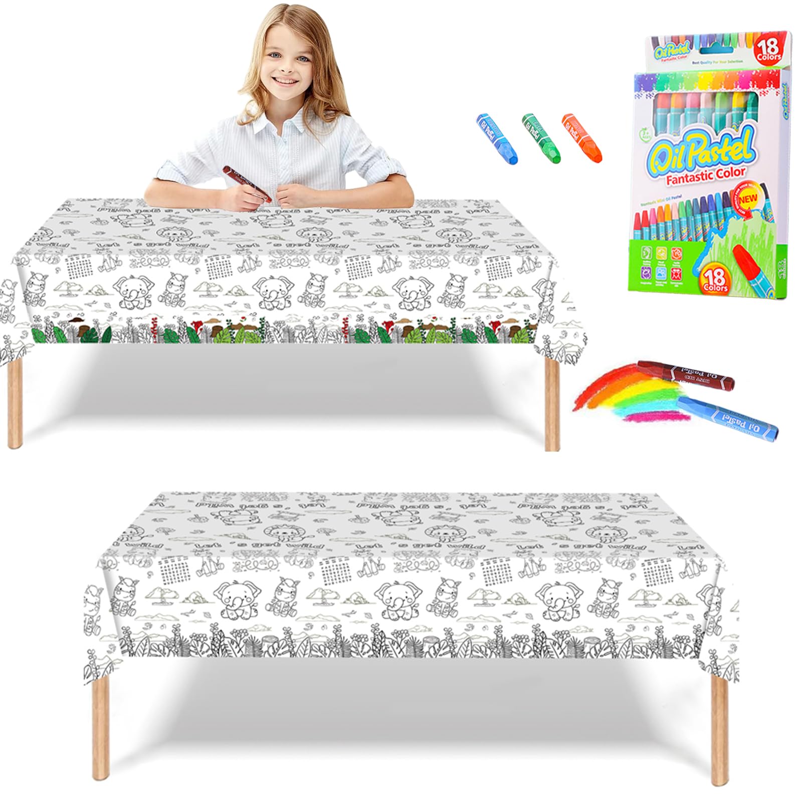 Giant Colouring Poster Table Cloth for Kids,47x71inch Jungle Animals Colouring Posters with 18 Paint Pens Coloring Educational Poster Drawing Paper Table Cover Wall Doodle Art for Boys Girls Birthday — image 1