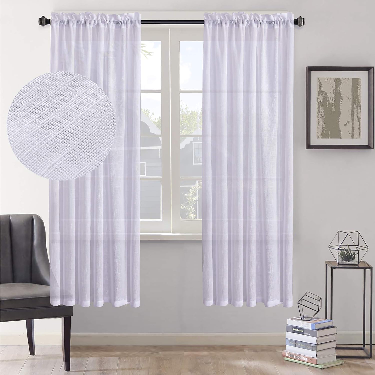 Home Brilliant Net Curtains for Windows 72 inch Drop Semi Transparent Voile Curtain Panels White Linen Look Sheer Curtains for Bedroom Living Room 72 inches Drop - Image 3