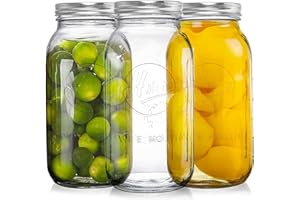 Tebery 3 Pack Wide Mouth Mason Jars 64 oz with Airtight Lids and Band, 1/2 Gallon Clear Glass Storage Jars For Canning, Ferme