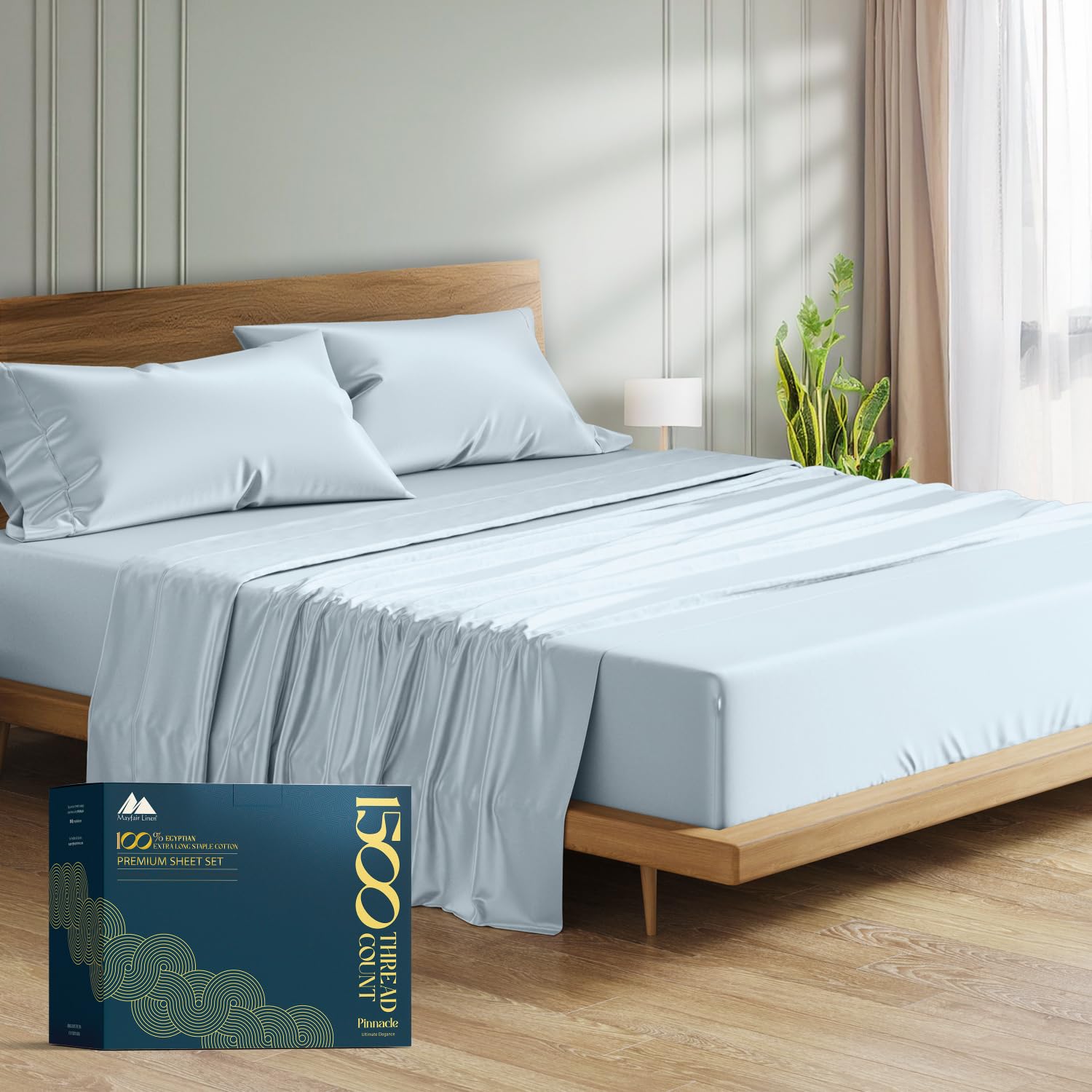 Photo 1 of Mayfair Linen 100% Egyptian Cotton Sheets Queen Size Bed Set - Luxury 1500 High Thread Count Egyptian Cotton Queen Sheet Set (4 PC, Light Blue), 17" Deep Pocket, Silky Soft, Cooling, Sateen Bedding
