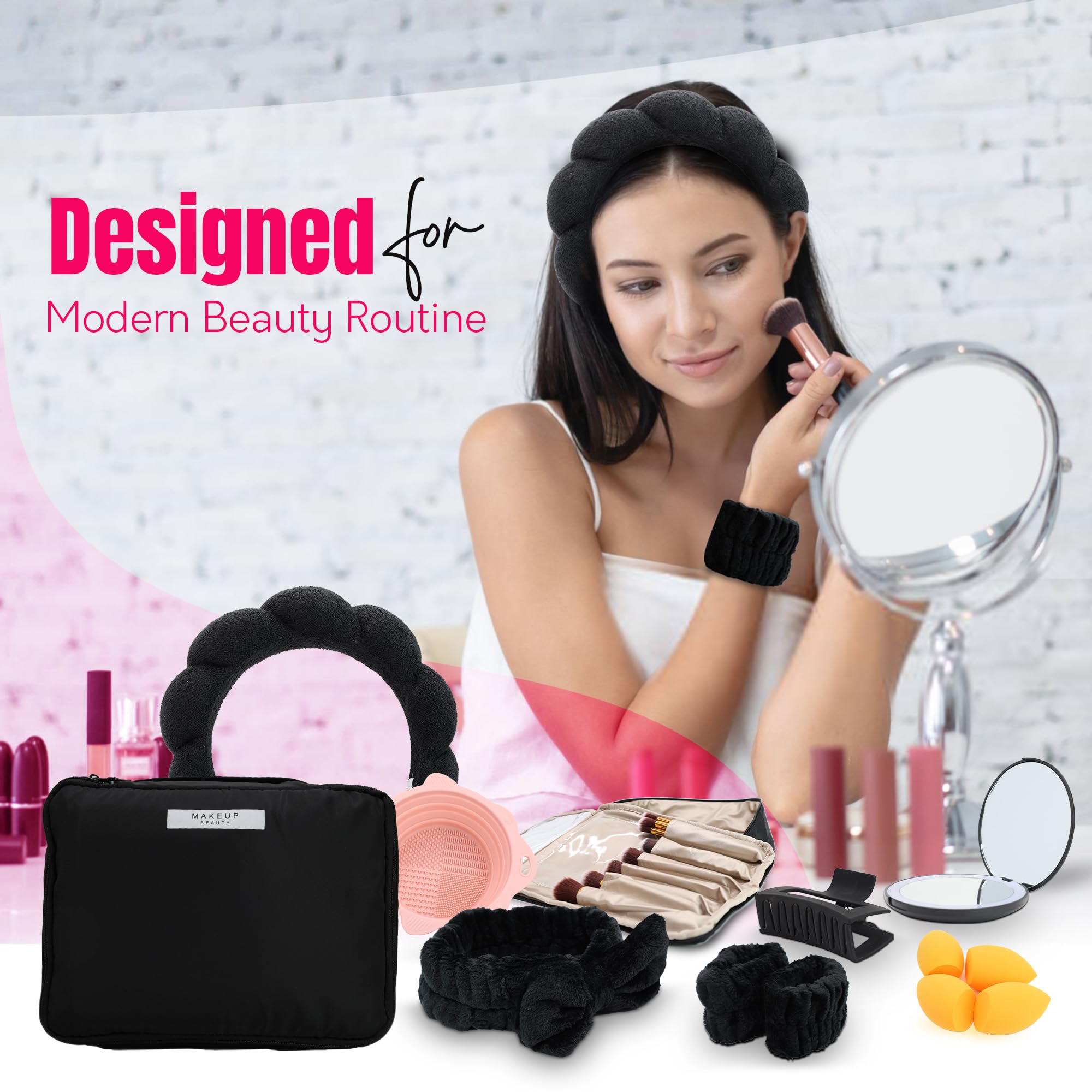 23-Piece All-in-One Makeup & Skincare Gift Set - Black Cosmetic Bag, LED Makeup Mirror, 10 Brush Set, Hair & Spa Accessories - Perfect Teen Gifts, Christmas & Holiday Presents (Black Makeup Set)