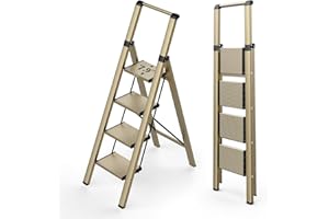 WOA WOA Ladder, Step Ladder 4 Step Folding with Wide Pedals, Lightweight Stepladders for High Closet, Tall Aluminum Ladder with Non-Slip Feet, Indoor Step Ladder Space Save 330lbs - Gold