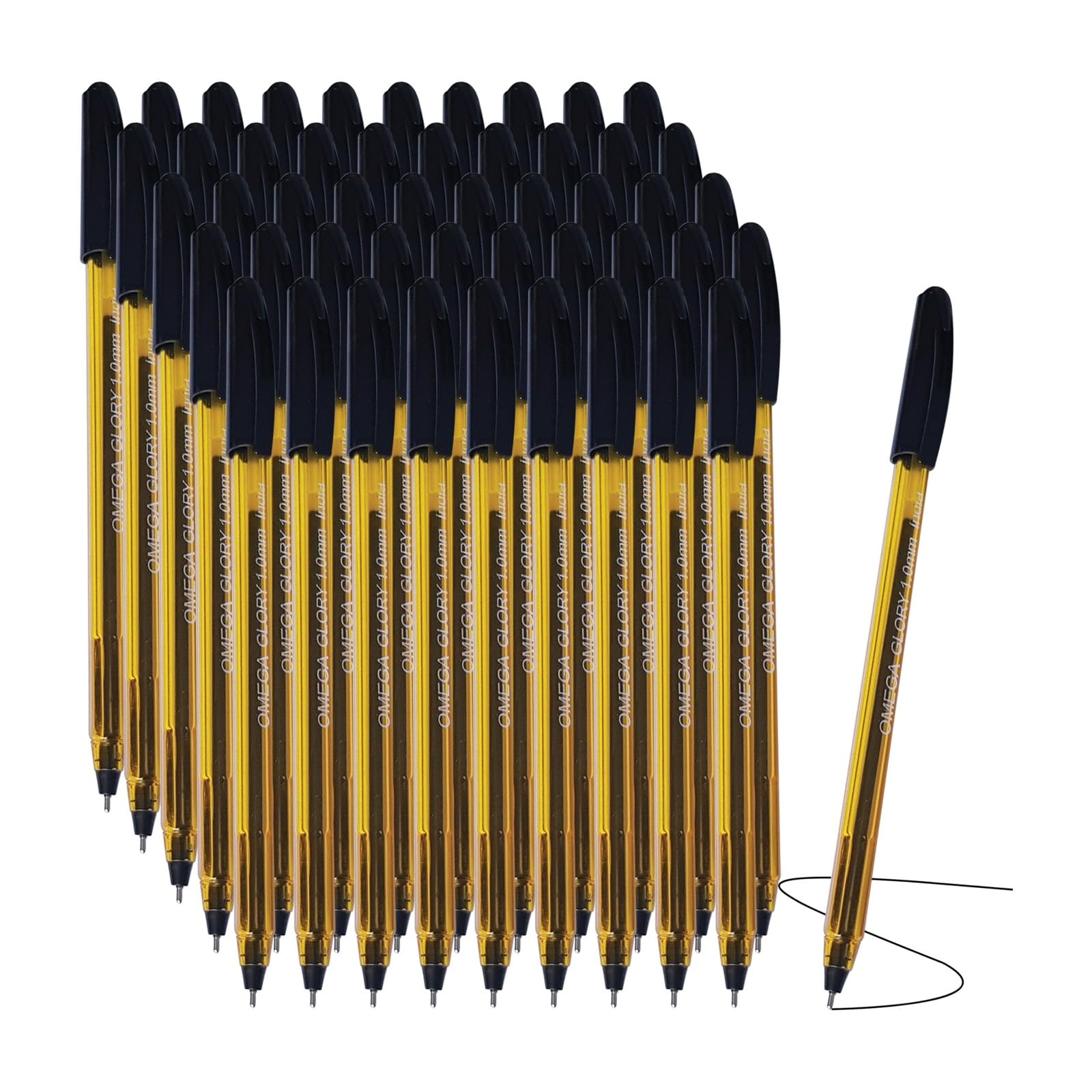 OMEGA Glory Ballpoint Pens, BLACK, Medium Point (1.0 mm), Pack of 50, Multipack, Smooth Ball Pens, Perfect for School Office Home Everyday Use