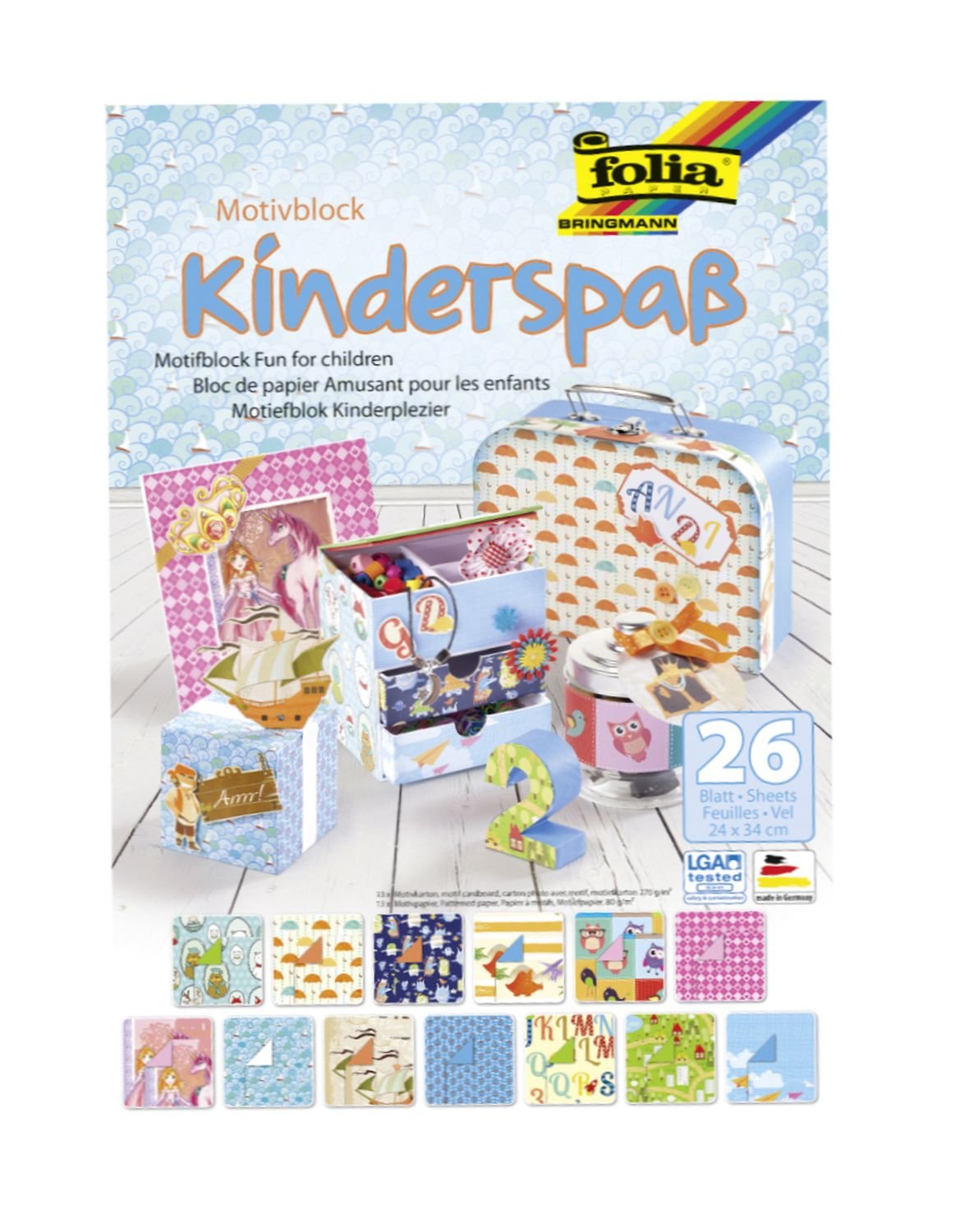 folia 47649 Children's Fun Motif Pad 24 x 34 cm 26 Assorted Sheets 13 x Writing Card 270 g/m² and 13 x Writing Paper 80 g/m² for Various Crafts