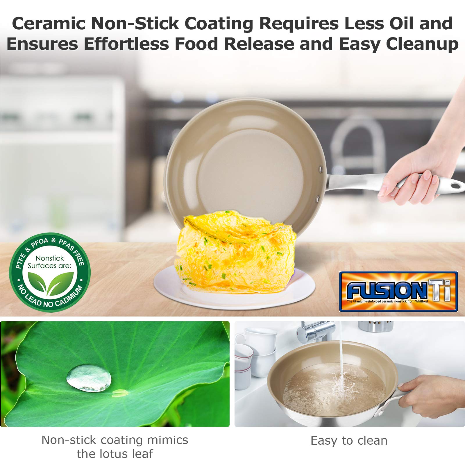 Duxtop Ceramic Non-stick Frying Pan, Stainless Steel Induction Frying Pan, 9.5-Inch Stir Fry Pan with Heavy-gauge Impact-bonded Bottom, FUSION Ti