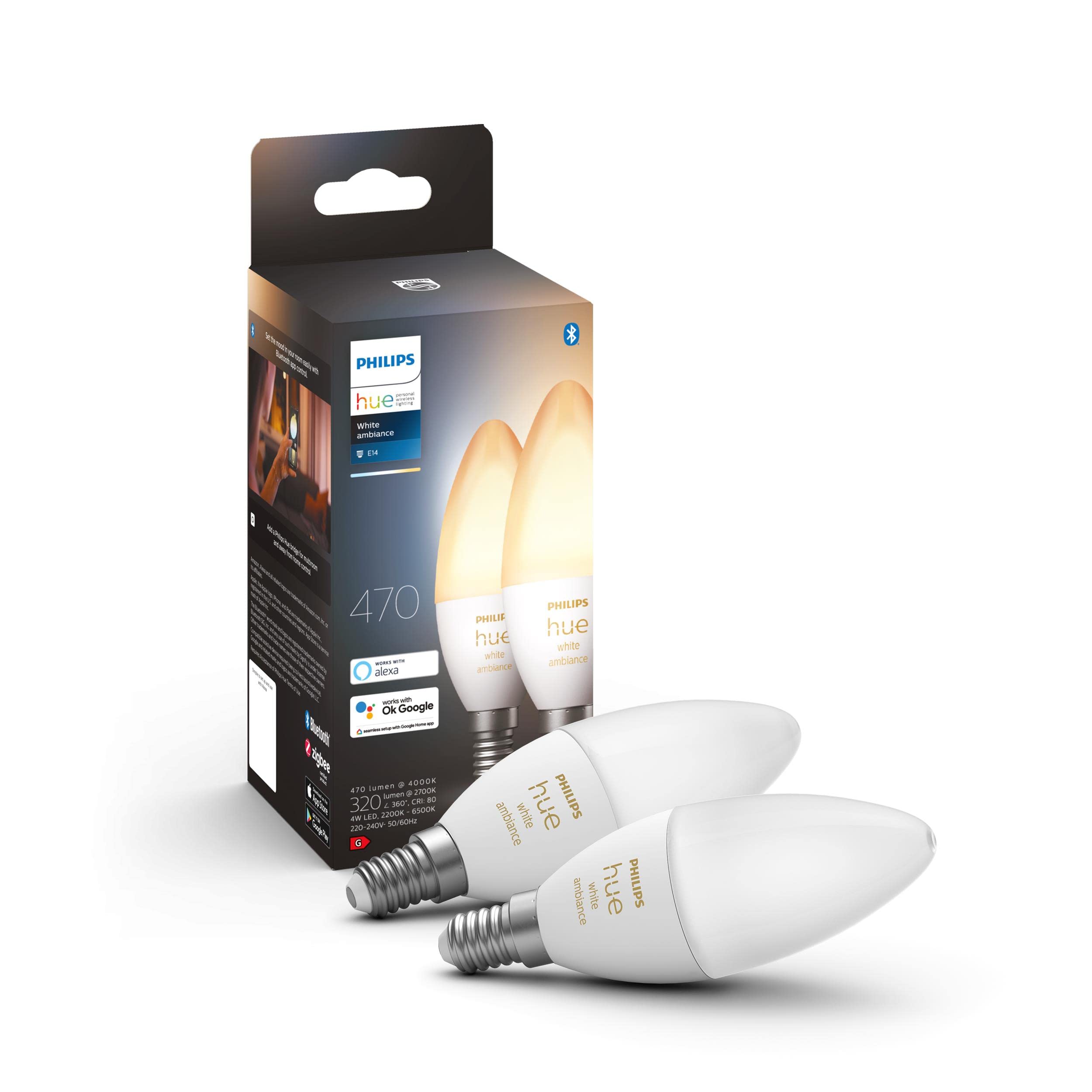 Philips Hue White Ambiance E14 LED Lampe Doppelpack, dimmbar, alle Weißschattierungen, steuerbar via App, kompatibel mit Amazon Alexa (Echo, Echo Dot)
