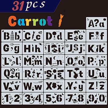 Amazon Co Jp かわいい文字ステンシルセット 子供用 再利用可能 プラスチックアートクラフトテンプレート 数字とサイン付き アルファベットステンシル 文字フォント 大文字と小文字 31枚セット 4インチx7インチ Kitchen Housewares
