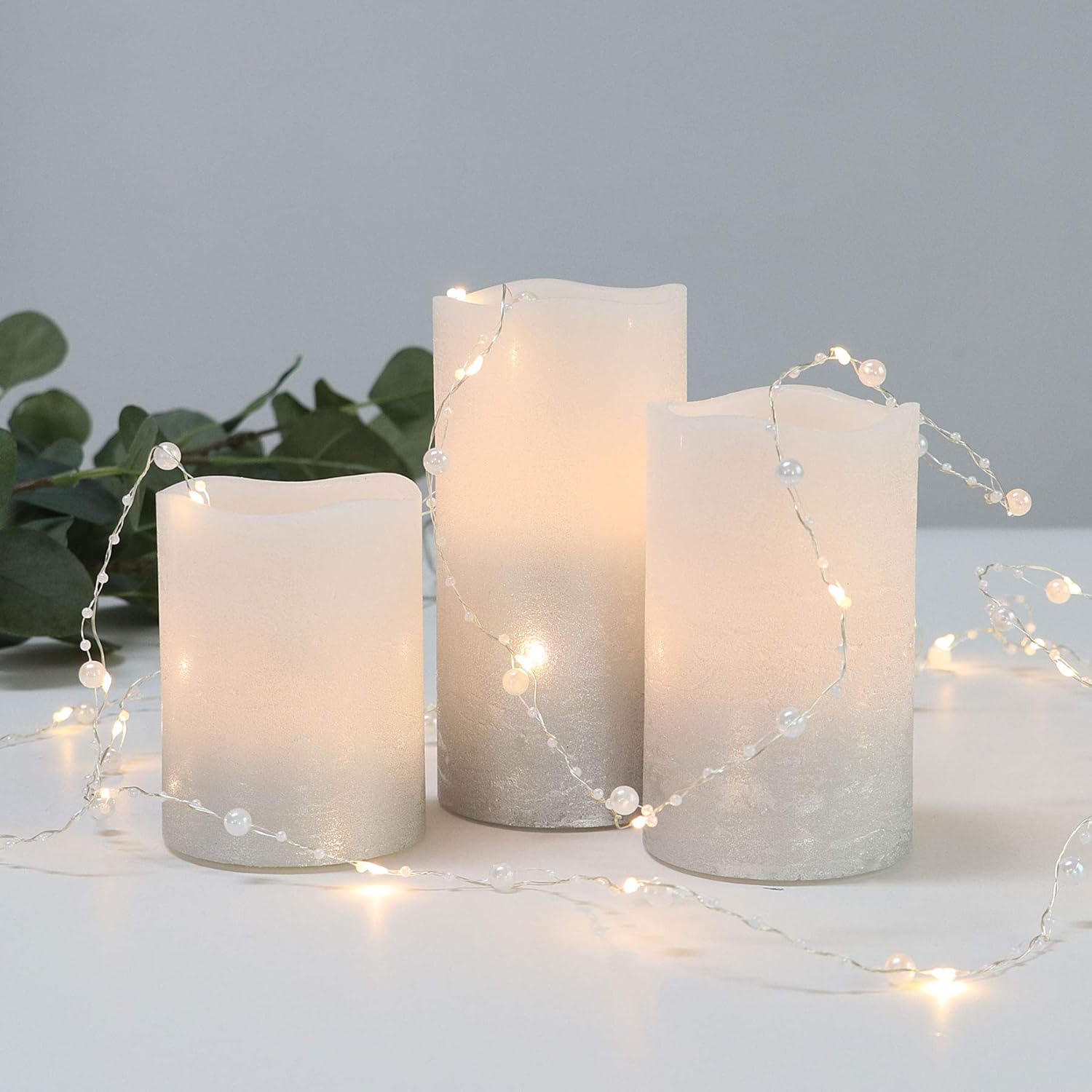 Silver Battery Operated Candles with White Pearl Fairy Lights, Flameless Led Candle with Remote