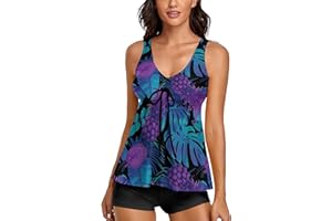 Omichic Modest Tankini Swimsuits for Women Two Piece Bathing Suits Floral Print Tank Top with Boyshorts