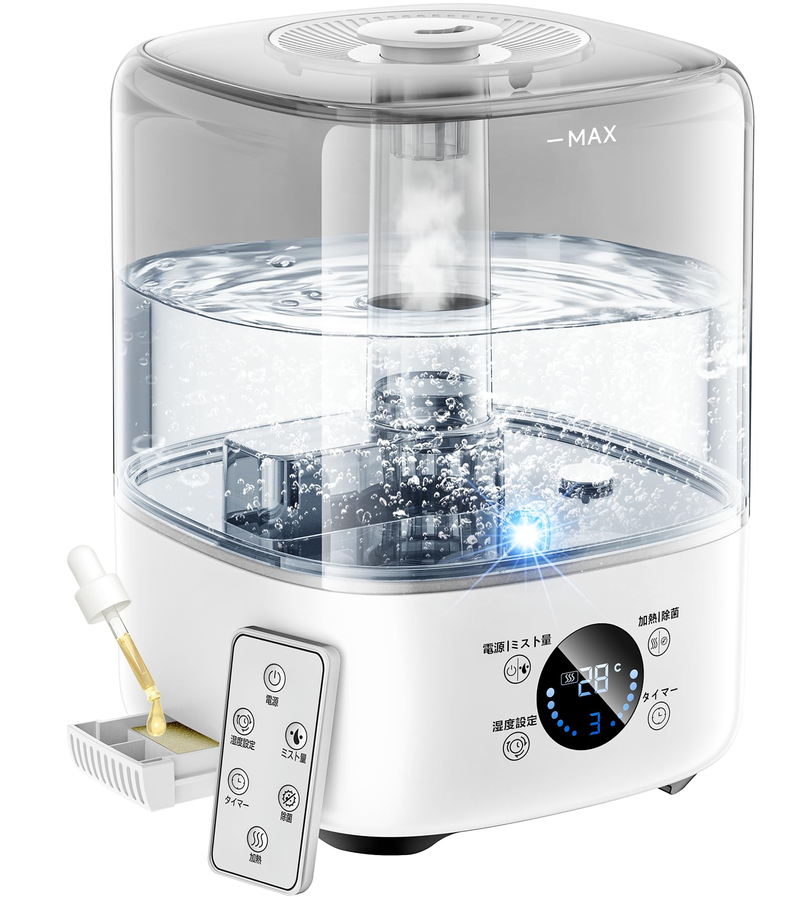 加湿器 ハイブリッド式 5L大容量【多重除菌·自動恒湿·360°回転吹出口】加熱式 上から注水 ミスト3段階 6段階加湿（冷+暖）スチーム式&超音波式 アロマ対応 25時間連続 30畳 卓上 静音 タイマー 空焚き防止 省エネ humidifier お手入れ簡単 寝室/オフィス/リビング 乾燥/花粉症対策 PSE認証済み商品画像