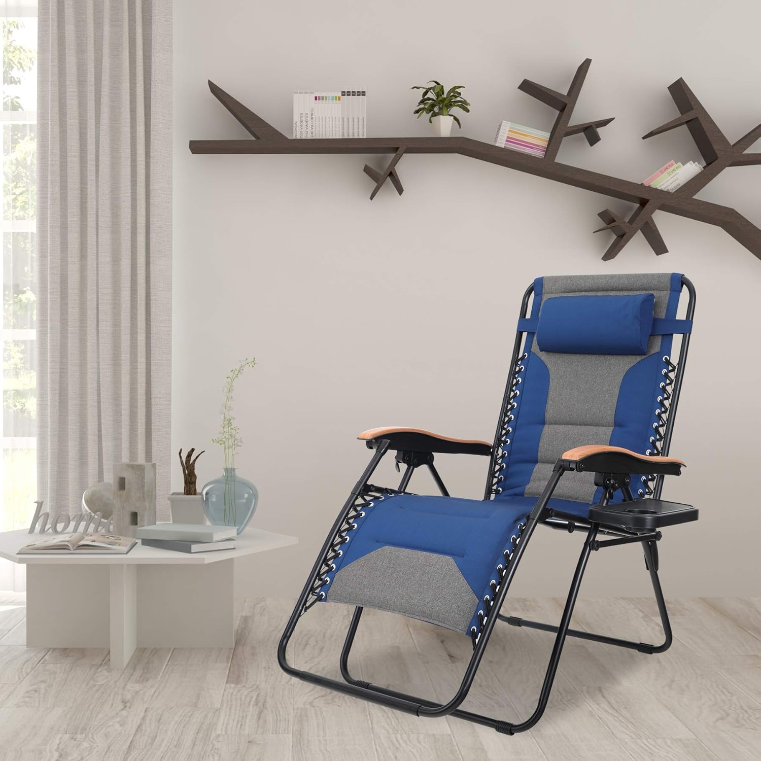 MFSTUDIO Oversized Zero Gravity Chair XL Patio Recliners Padded Folding Chair with Cup Holder, Extra Wide Chaise Lounge for Outdoor Yard Poolside, Navy Blue: Kitchen & Dining
