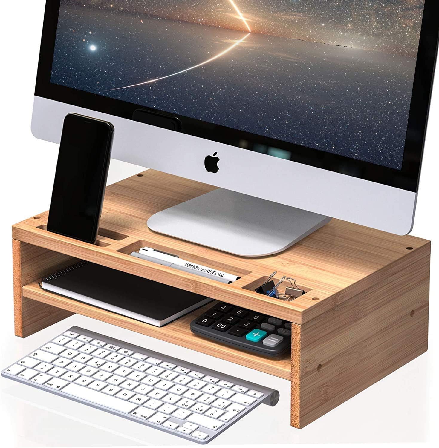 Well Weng Monitor Stand Bamboo with Storage Organizer 2 Tier PC Stand ...