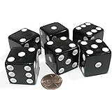 Set of 6 D6 25mm Large Opaque Jumbo Dice - Black with White Pip by Koplow Games