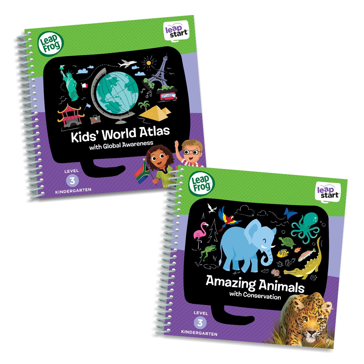 LeapFrog LeapStart Level 3 Kindergarten Activity Book Bundle with Kids' World Atlas, Amazing Animals
