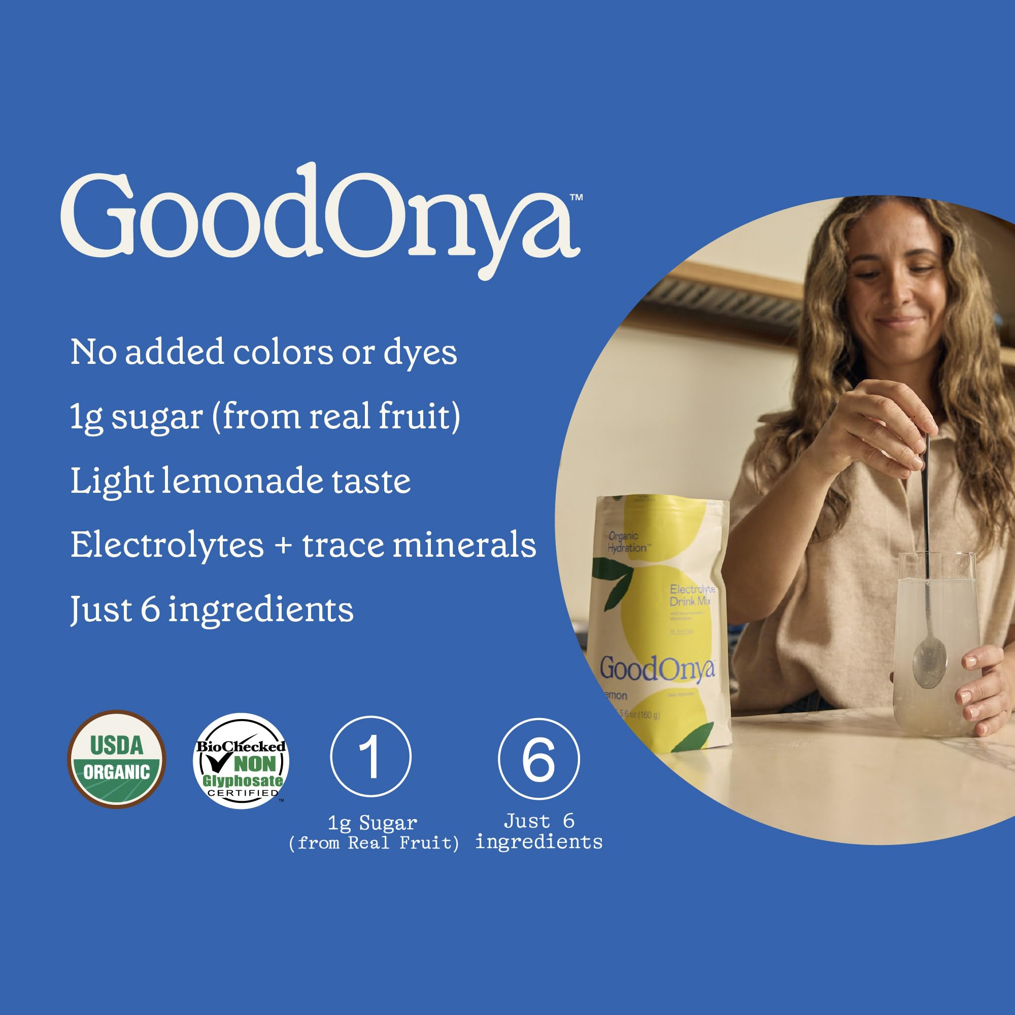 GOODONYA Organic Hydration Electrolyte Drink Mix, Certified Organic Hydration Powder, Non-GMO, Biochecked Glyphosate Free, Low Sugar, Lemonade Flavor, No Artificial Flavors, 42 Servings
