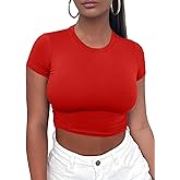 Kaximil Women's Short Sleeve Crop Tops Cute Casual Basic Crew Neck Tight T Shirts