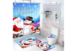 Claswcalor 4 Pcs Merry Christmas Shower Curtain Sets with Non-Slip Rugs, Toilet Lid Cover, Bath Mat and 12 Hooks Santa Snowman Snowflake Reindeer Shower Curtain for Christmas Decoration