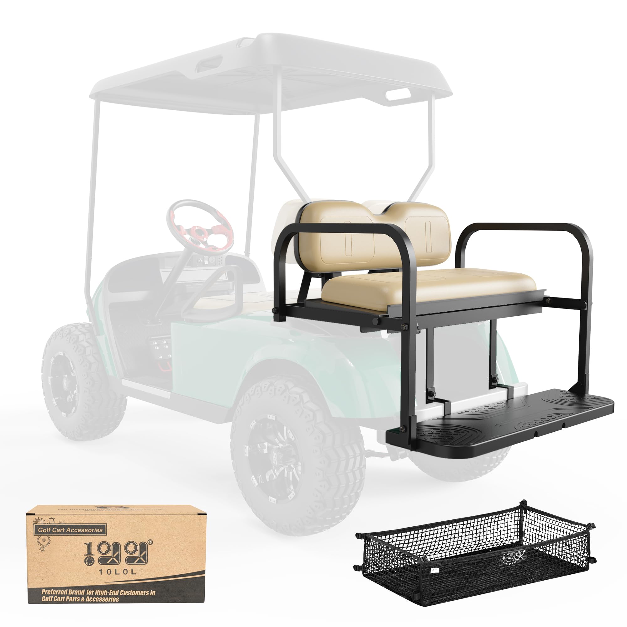 Photo 1 of 10L0L Golf Cart Rear Flip Folding Back Seat Kit for EZGO TXT Freedom 1995-Up, Deluxe Rear Seat Assembly Roof Support with Cargo Net Leather Cushion and Back Cushion Set**USED**
