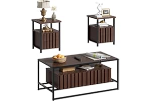 UEV Coffee Table Set of 3,Living Room Table Set,Mid Century Coffee Table,End Side Tables Set of 2 with 2 Drawer for Living Room & Bedroom,Walnut