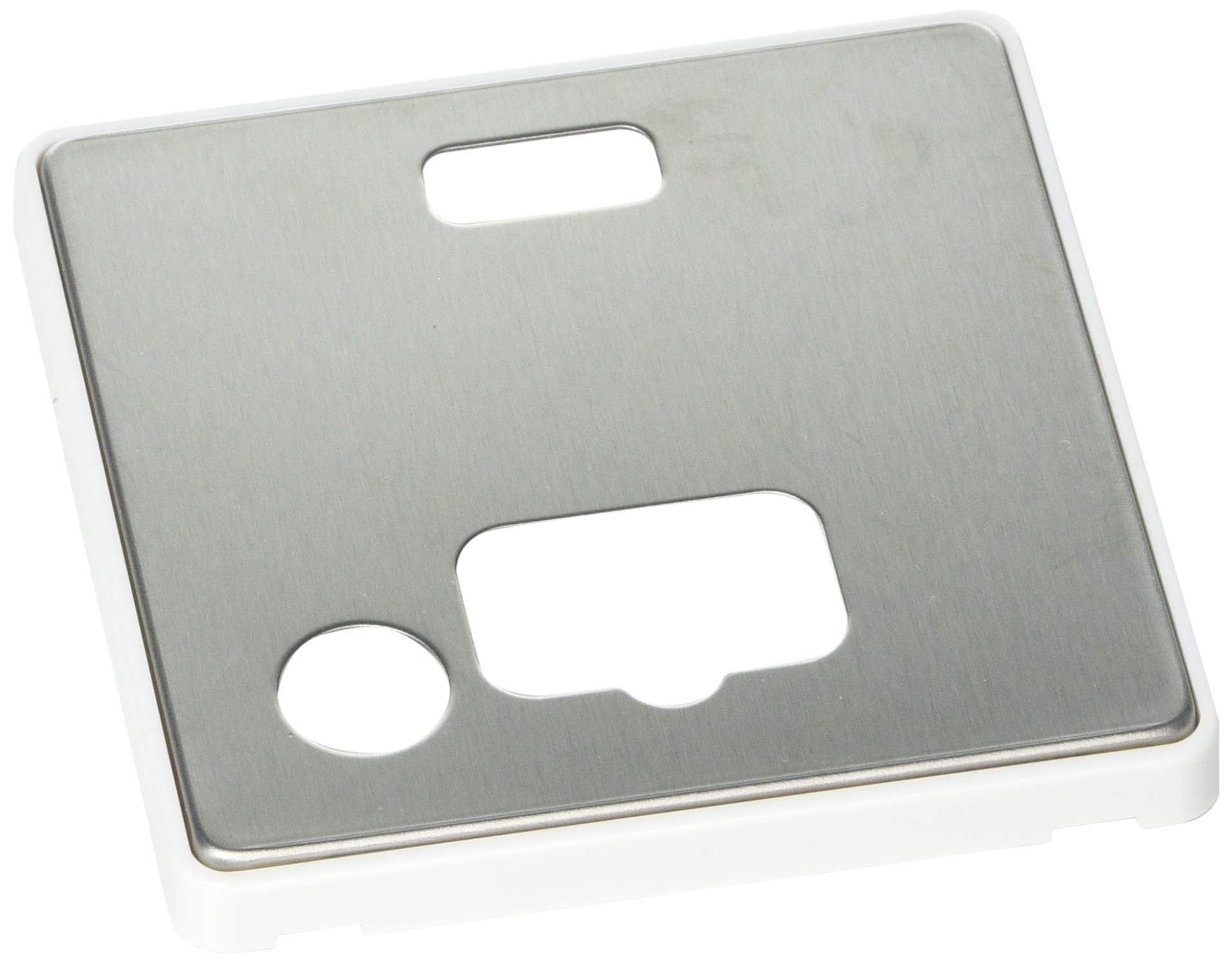 MK Dimensions 1 Gang 13A Connection Unit and Neon/Flex Brushed Stainless Steel Finish Frontplate with a White Trim