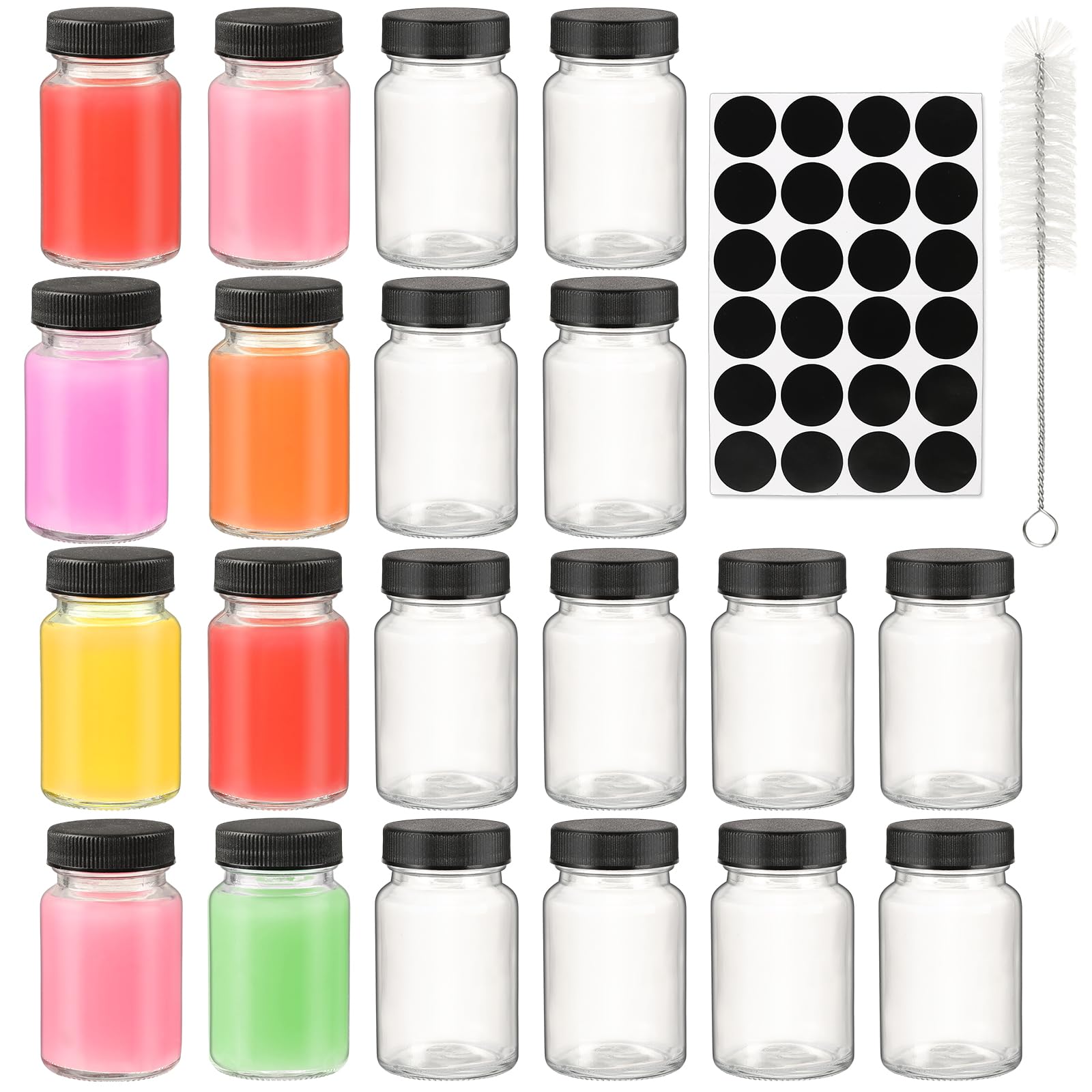 Photo 1 of 2 oz 20pcs Glass Shot Bottles Black Lids & 24 Labels And Brush-Small Clear Jar for Ginger,Juice, Sample, Whiskey-Travel Essentials Mini Bottles-Wide Mouth, Leakproof,Wellness Shot,Dishwasher Safe (20)